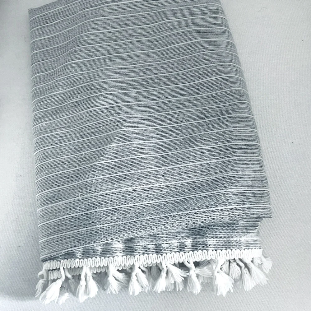 Boho Fringe tassel woven Gray and white stripes Tablecloth or throw blanket